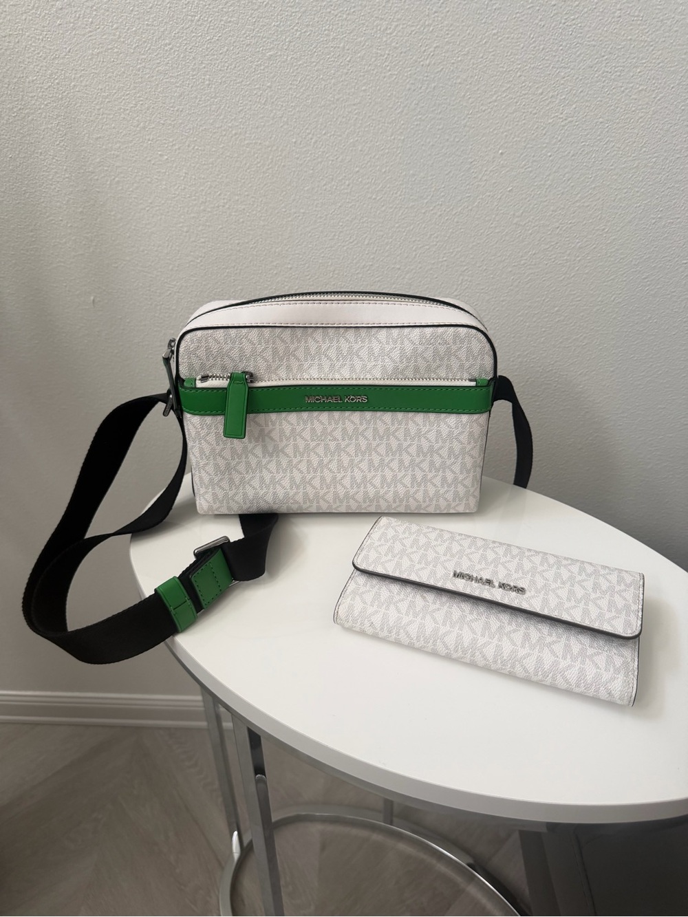 Michael Kors White Logo Crossbody with Green Accent and Black Strap
